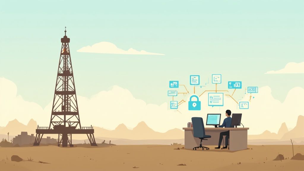 A person works on computers with an IT security network diagram in a vast desert landscape featuring a communication tower.