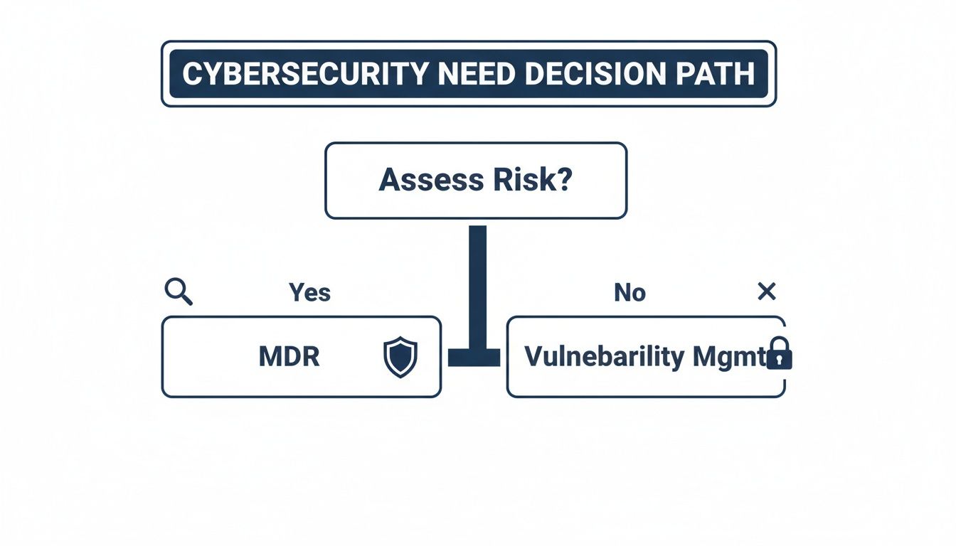 A cybersecurity decision path diagram showing how to assess risk, leading to MDR or Vulnerability Management.