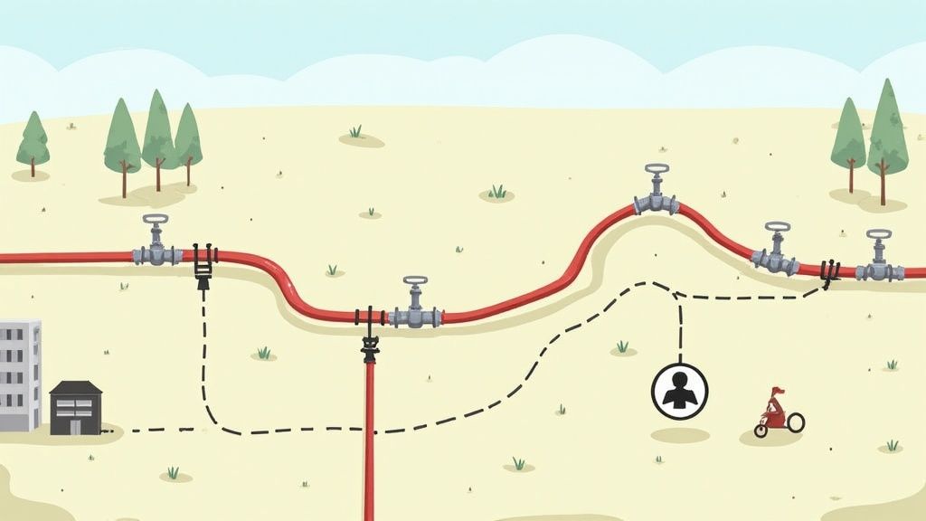 A diagram illustrates a red oil or gas pipeline network with valves, connected to buildings and a user icon.