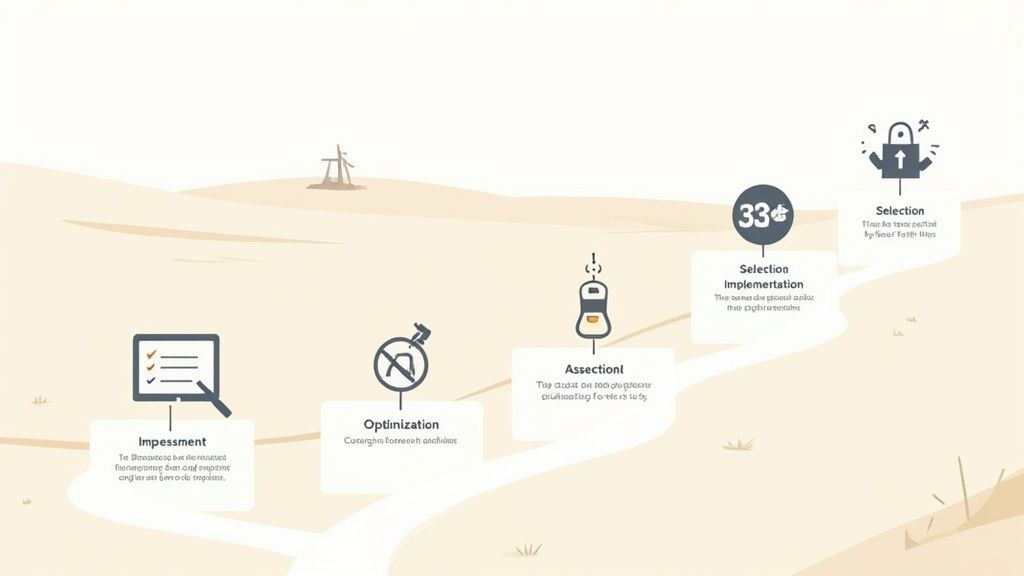 A winding desert roadmap visually depicting five steps of a process with distinct icons.