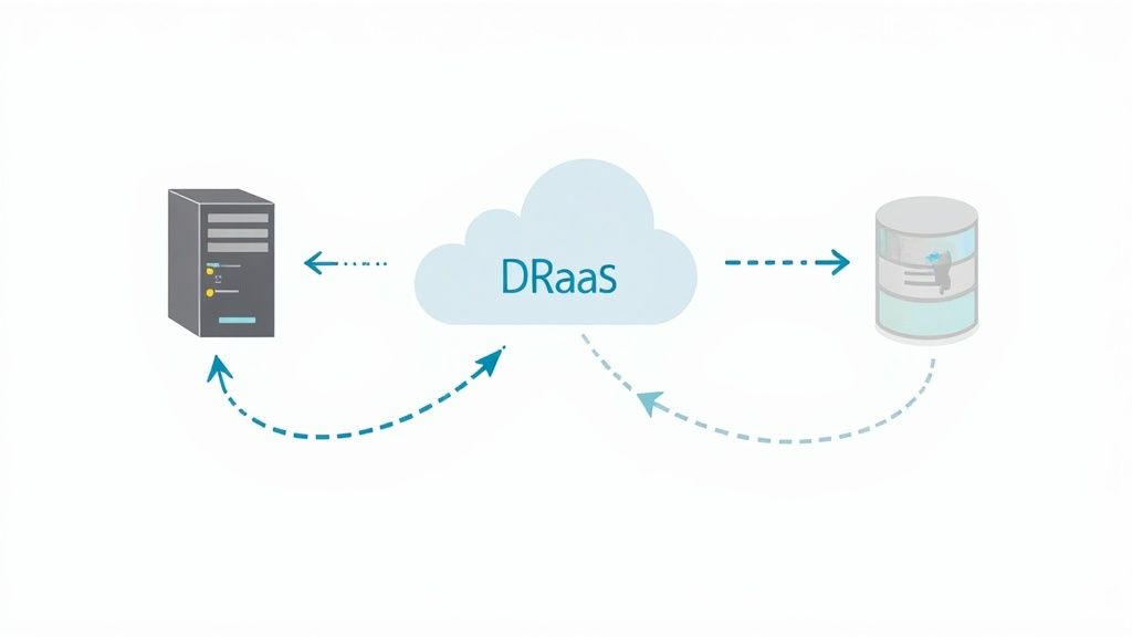 A diagram illustrates Disaster Recovery as a Service (DRaaS) connecting a server and a database.