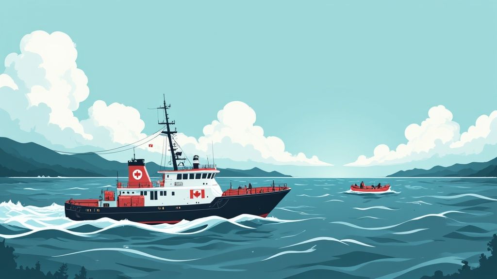 A Canadian Coast Guard ship and a small red boat sail on wavy waters near mountains.