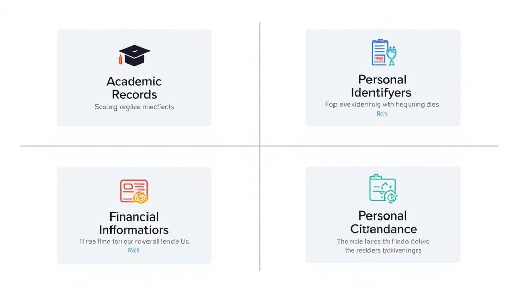 Four categories of sensitive data: academic records, personal identifiers, financial information, and personal citrandance.