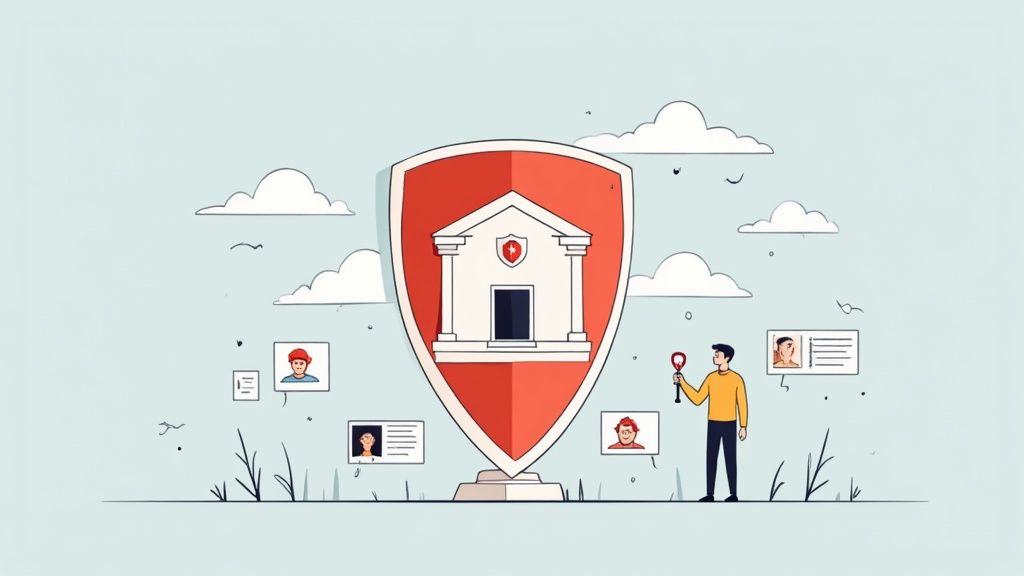 An illustration of a man examining personal data, protected by a large shield representing data security.