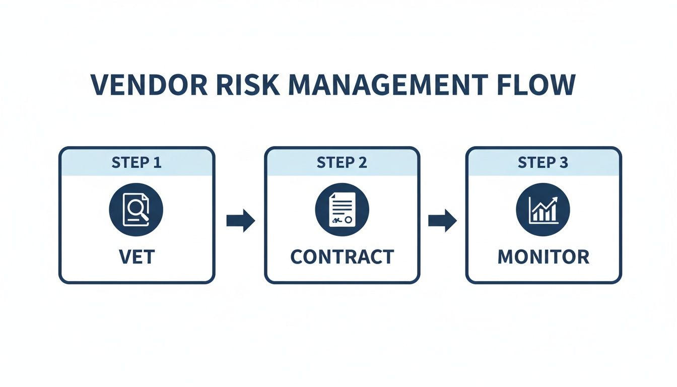 A three-step flowchart illustrating the vendor risk management process: Vet, Contract, Monitor.