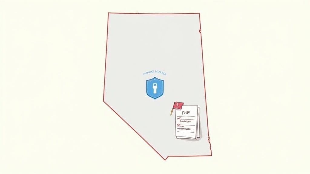 A map featuring a privacy shield with a padlock and documents labeled FOIP, symbolizing information regulations.