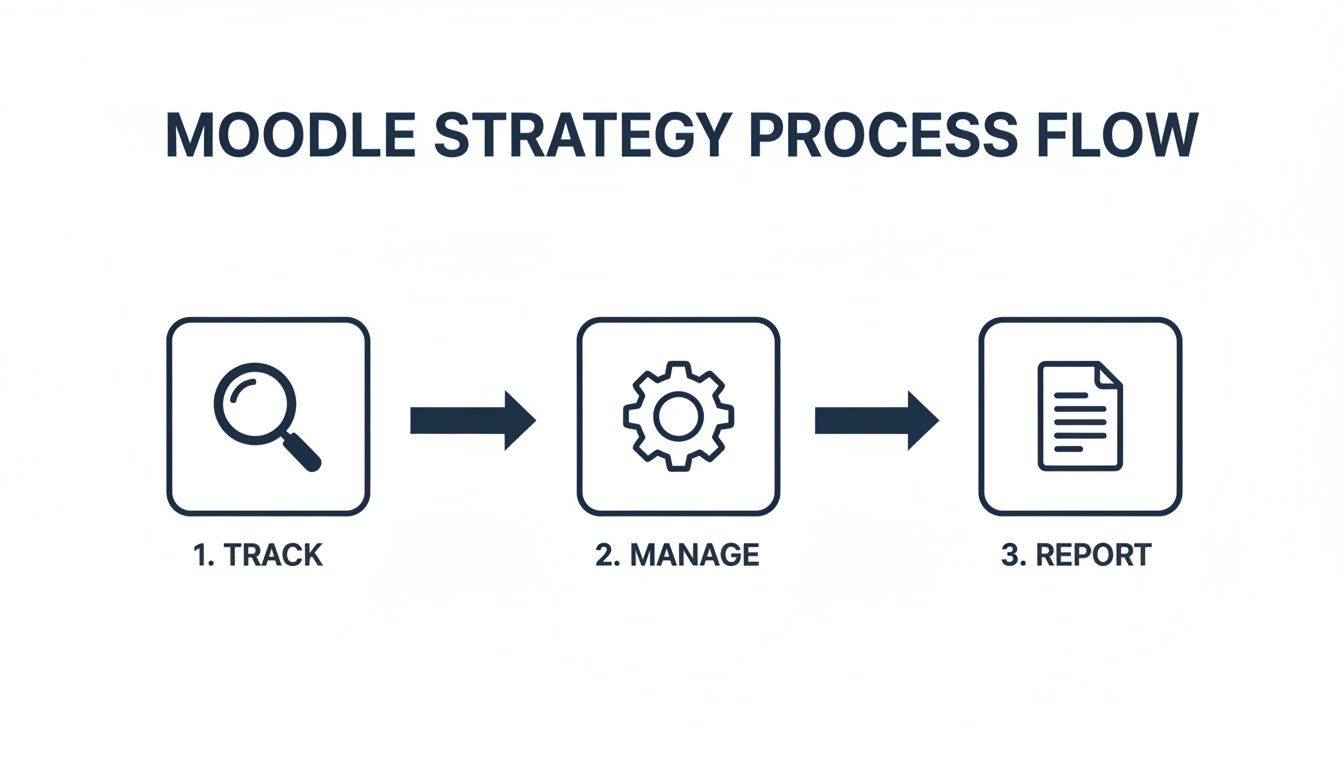A Moodle strategy process flow showing three steps: Track, Manage, and Report with icons.