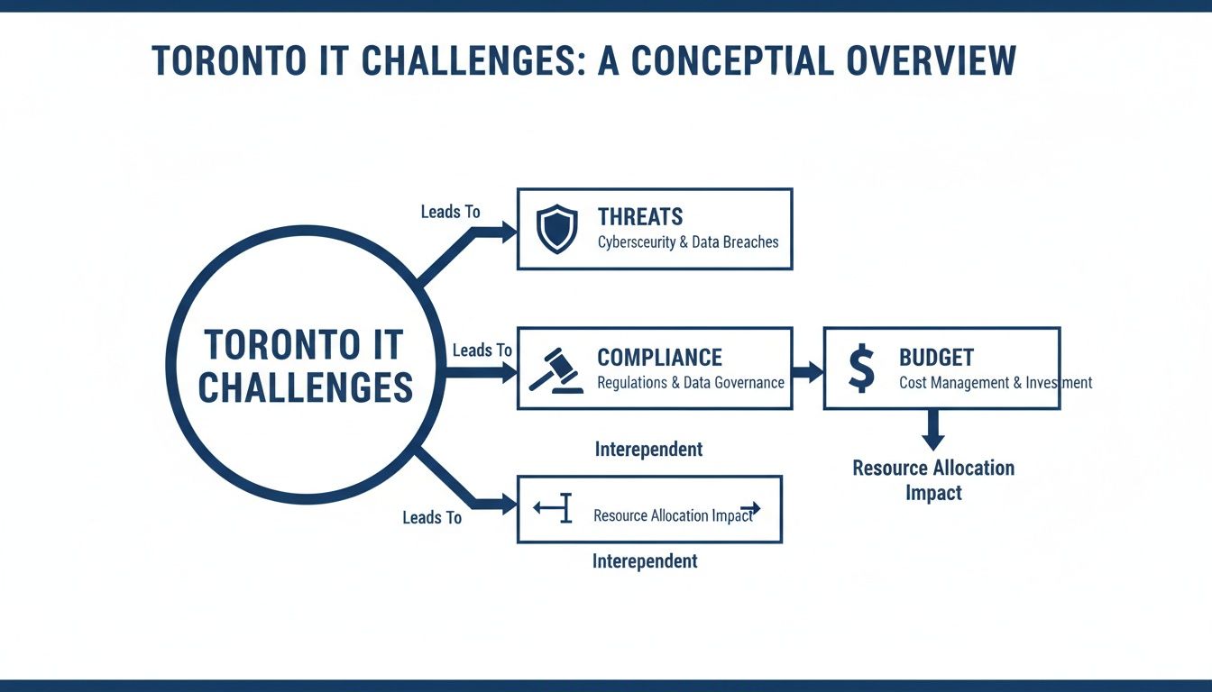 A diagram illustrating Toronto IT challenges leading to threats, compliance, budget issues, and resource allocation impact.
