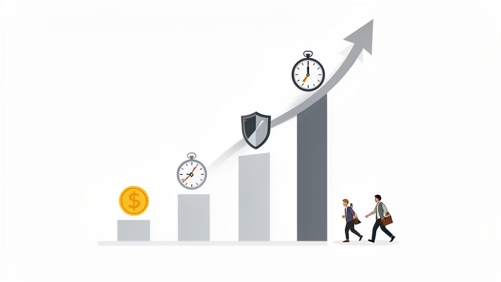 Illustration of business growth with money, time, and security icons, and two walking professionals.
