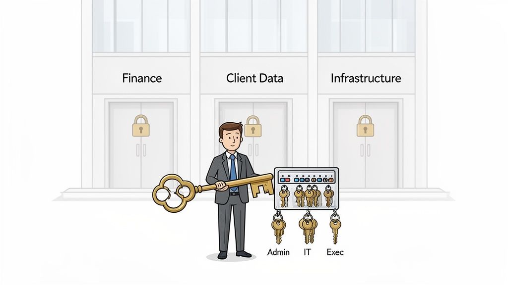 A man holds a large key, while smaller keys for Admin, IT, and Exec hang from a board, symbolizing privileged access management.