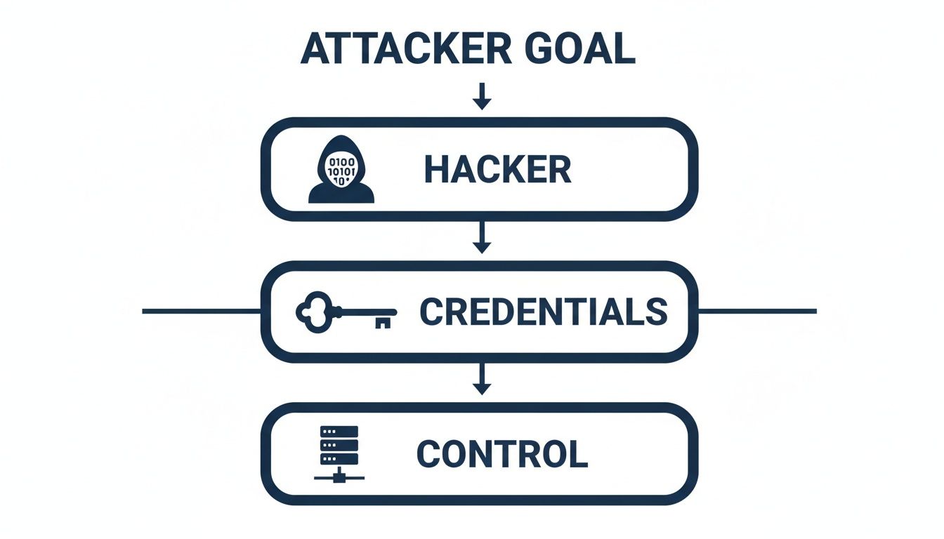 A flowchart illustrates an attacker's goal: a hacker obtains credentials to gain control.