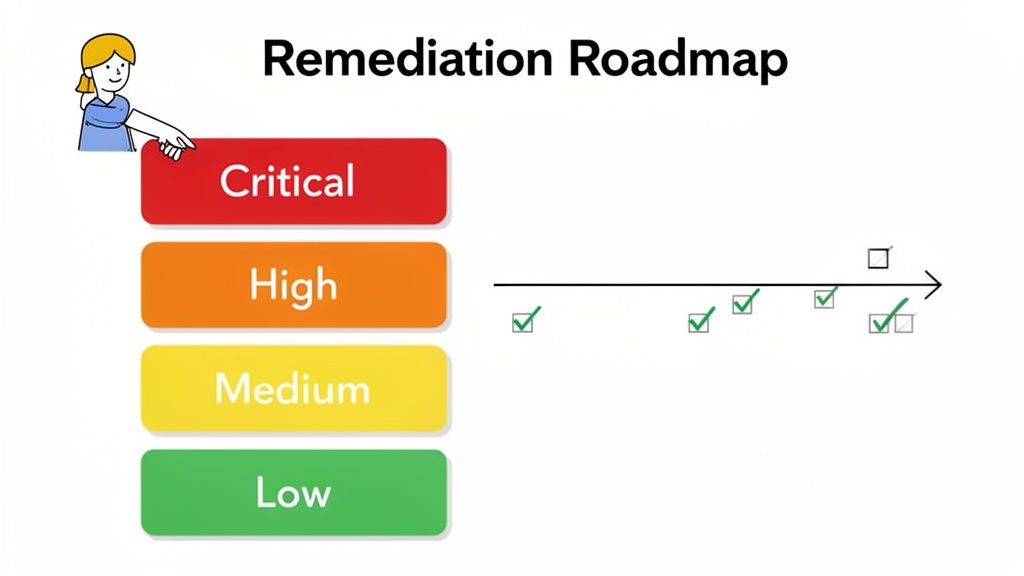 Remediation roadmap illustrating critical, high, medium, low priorities with progress tracked on a timeline.