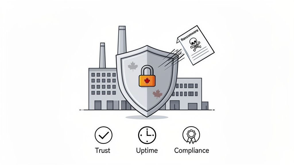 A shield with a lock protects a factory from a ransomware attack, emphasizing trust, uptime, and compliance.
