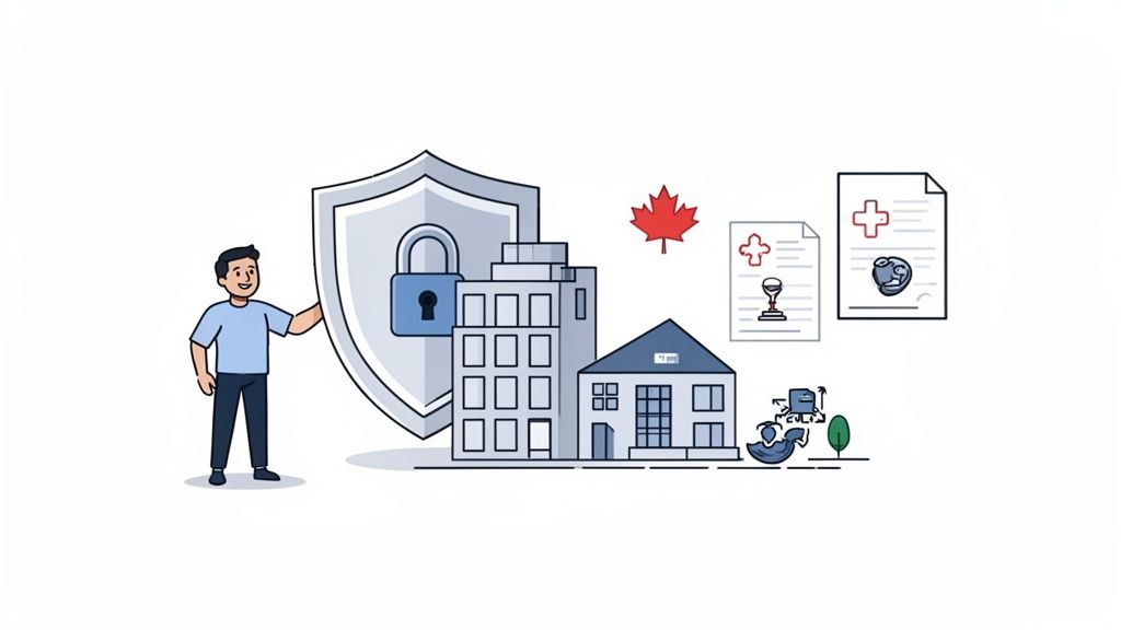 Illustration of a man with a security shield, protecting buildings and Canadian documents.