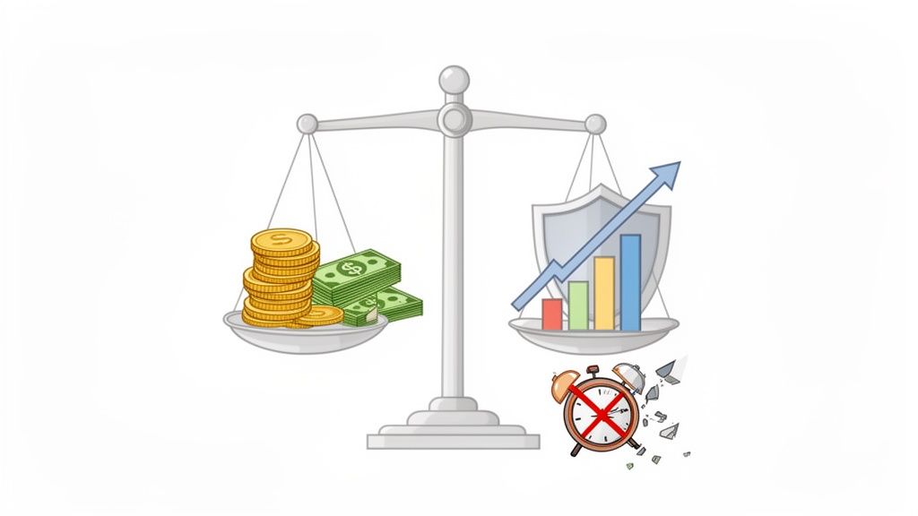 A scale balancing money, representing cost, against a shield and growth chart, symbolizing value and time savings.