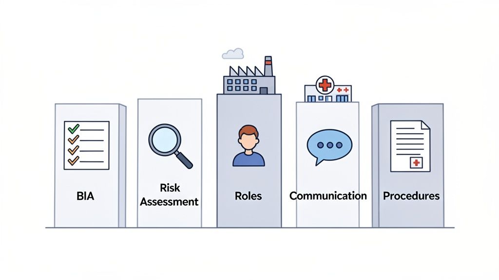 Illustration of five pillars: BIA, Risk Assessment, Roles, Communication, and Procedures, essential for business continuity.