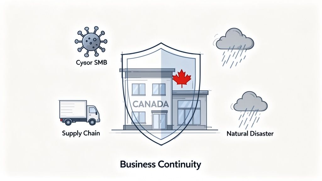 Illustration of a Canadian business protected from cyber threats, supply chain, and natural disasters for business continuity.