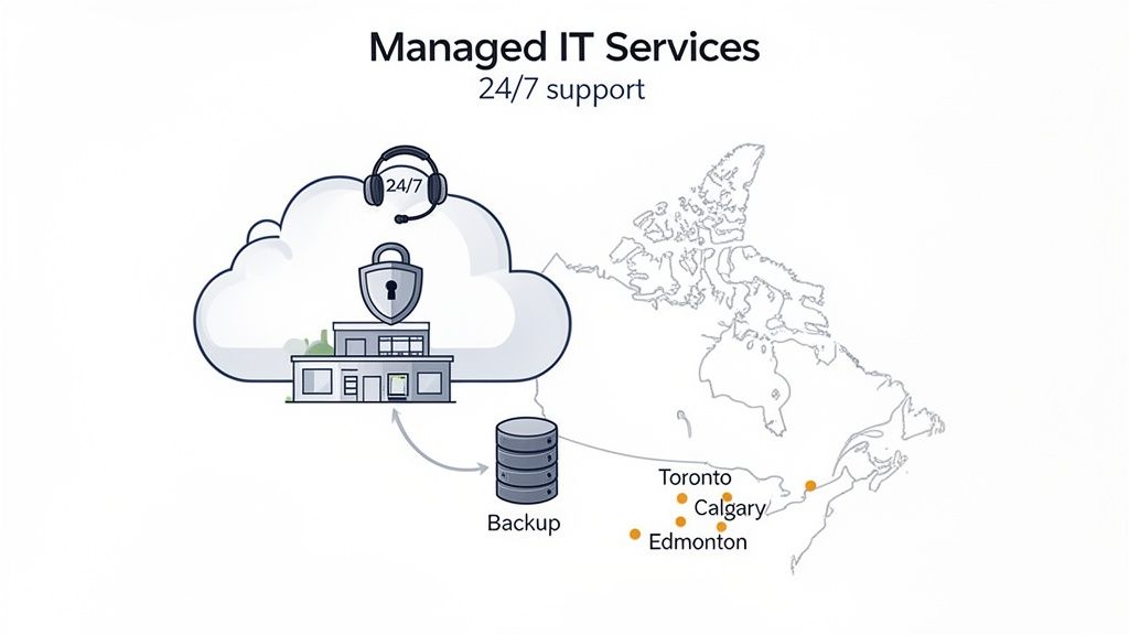 Managed IT services diagram showing cloud, security, backup, and 24/7 support across Canadian cities.