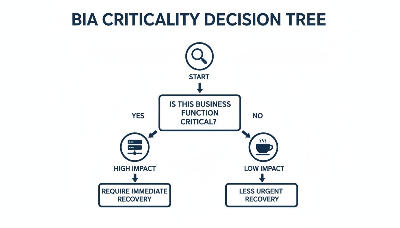 A BIA Criticality Decision Tree outlining high impact, immediate recovery vs. low impact, less urgent recovery.