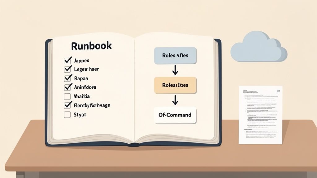 An open runbook displays a checklist on the left and a flowchart on the right, alongside a cloud and document.
