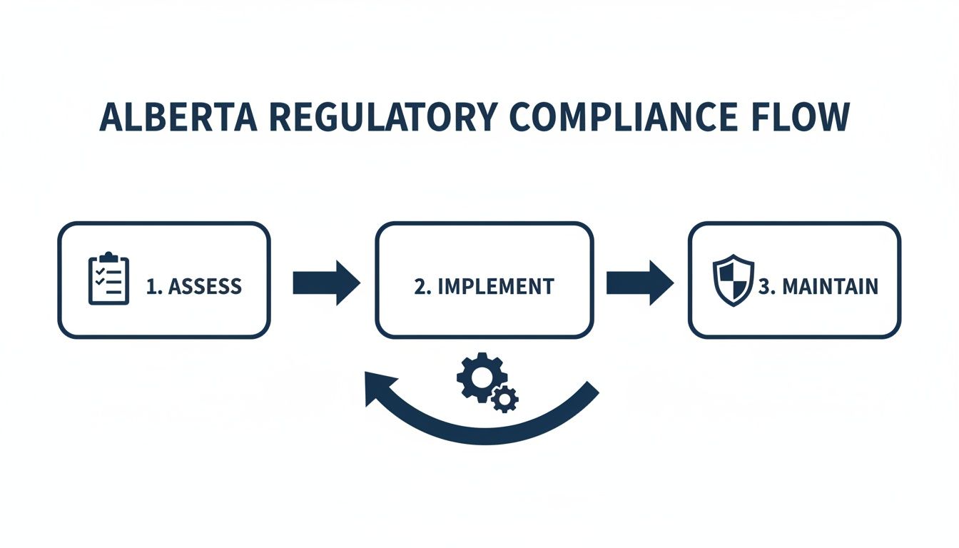 A flowchart illustrates the Alberta Regulatory Compliance Flow: Assess, Implement, and Maintain process.