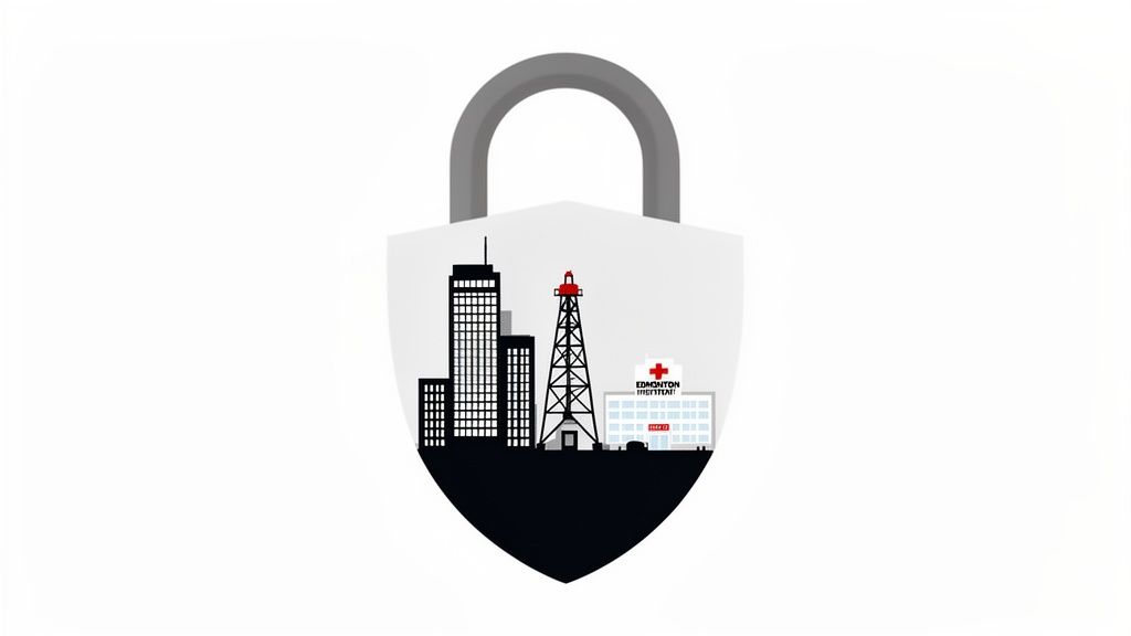 A padlock encasing a stylized Edmonton skyline with buildings, an oil rig, and a hospital, symbolizing city security.