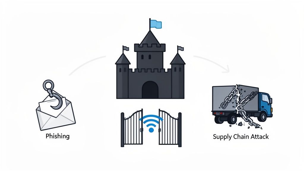 Illustration of cybersecurity threats: phishing, vulnerable Wi-Fi gates, and a supply chain attack.