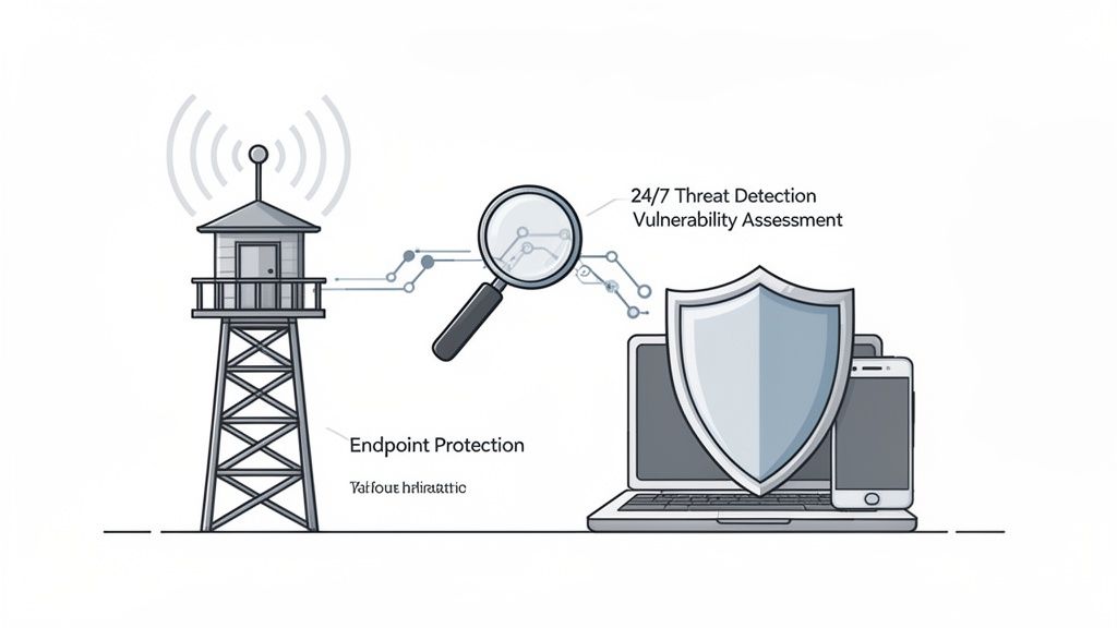 Illustration of cybersecurity services including threat detection, vulnerability assessment, and endpoint protection for devices.