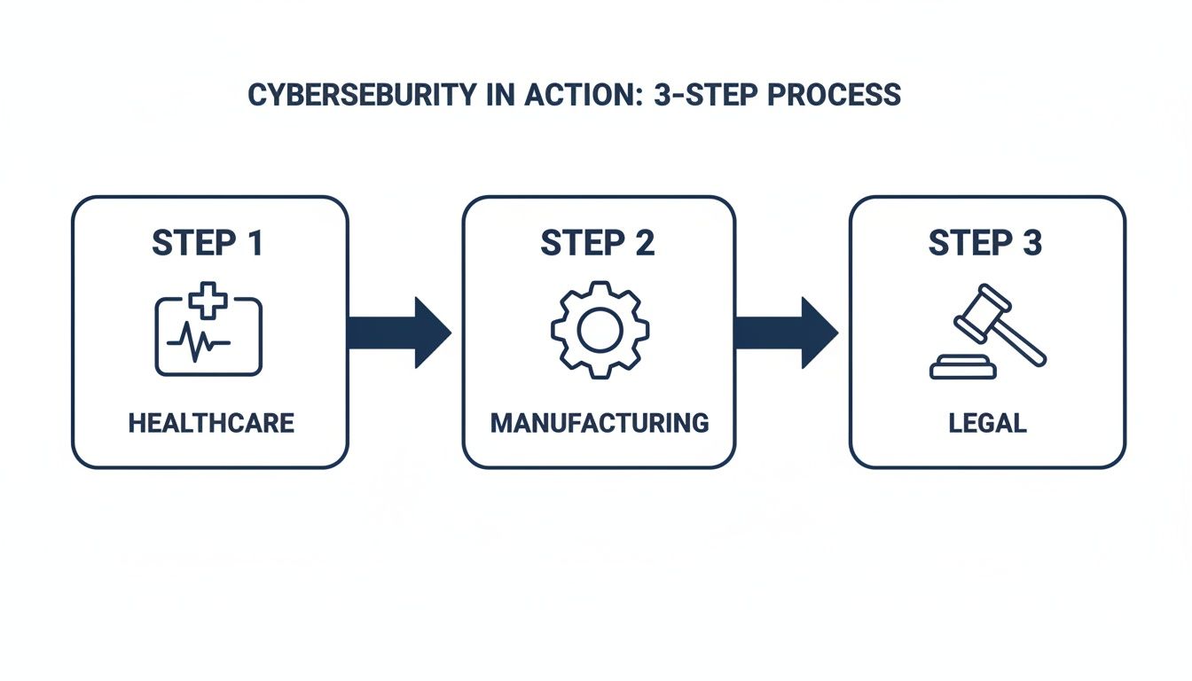 Flowchart illustrating a 3-step cybersecurity process across healthcare, manufacturing, and legal sectors.