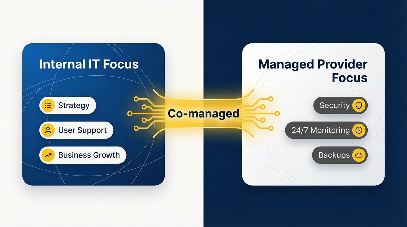 Diagram showing co-managed IT services in Edmonton with internal IT focusing on strategy and growth, and provider on security and monitoring.