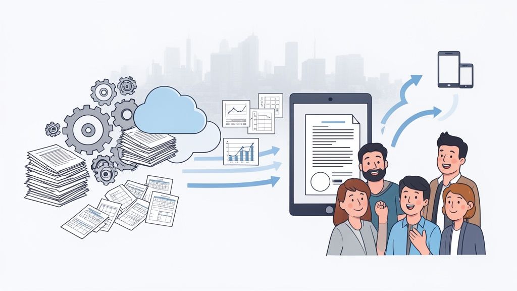 Illustration of data processing through cloud, leading to insights on tablets and mobile devices for a team.