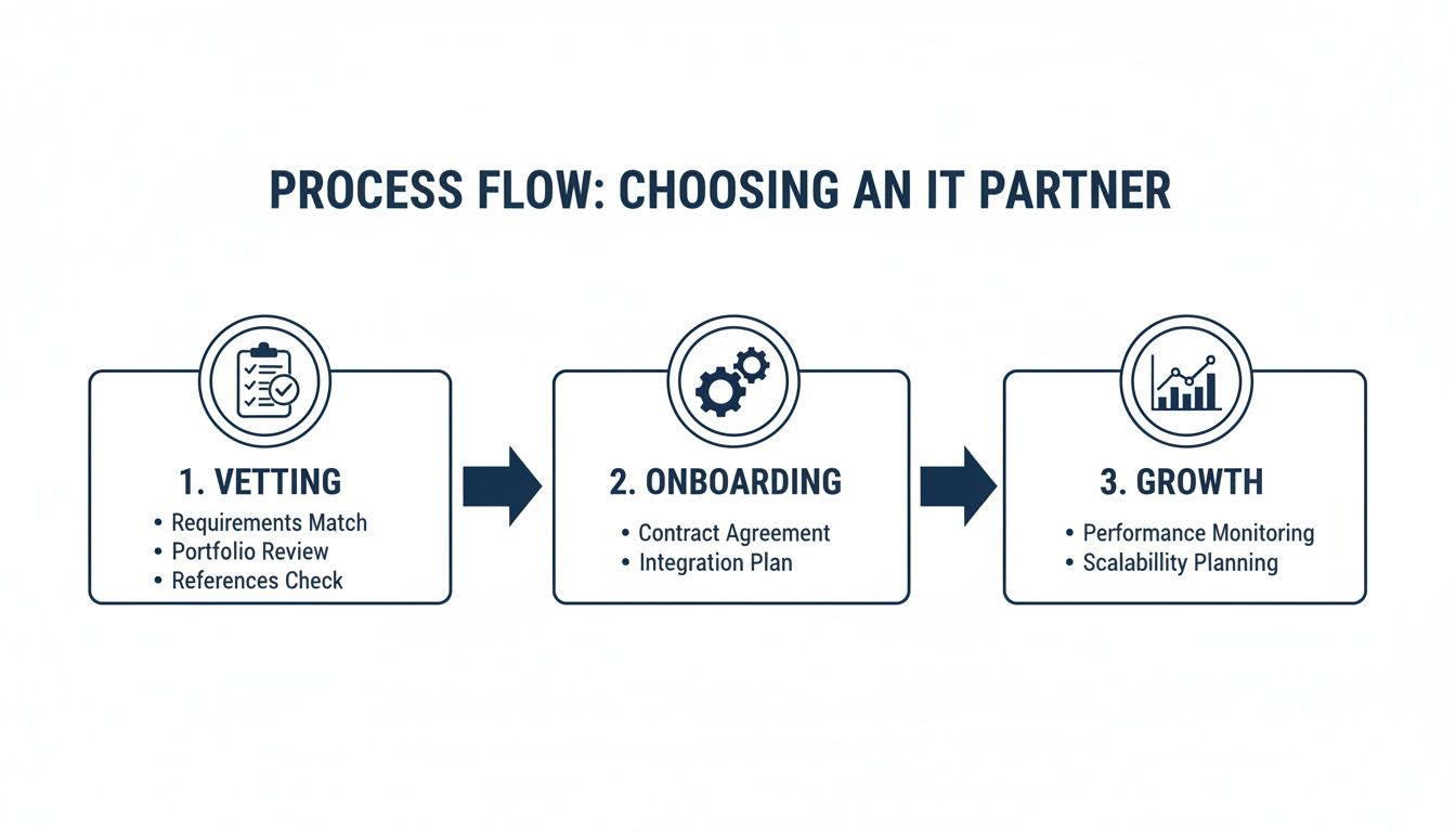 A three-step process flow diagram for choosing an IT partner, including vetting, onboarding, and growth stages.