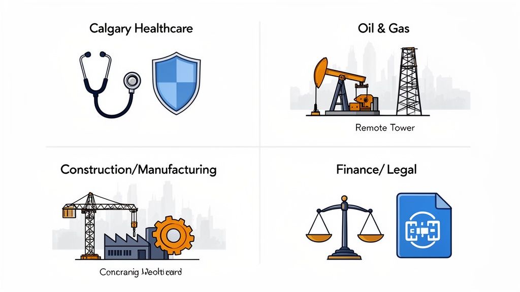 Illustrative icons representing various industries: Calgary healthcare, oil & gas, construction, manufacturing, finance, and legal.