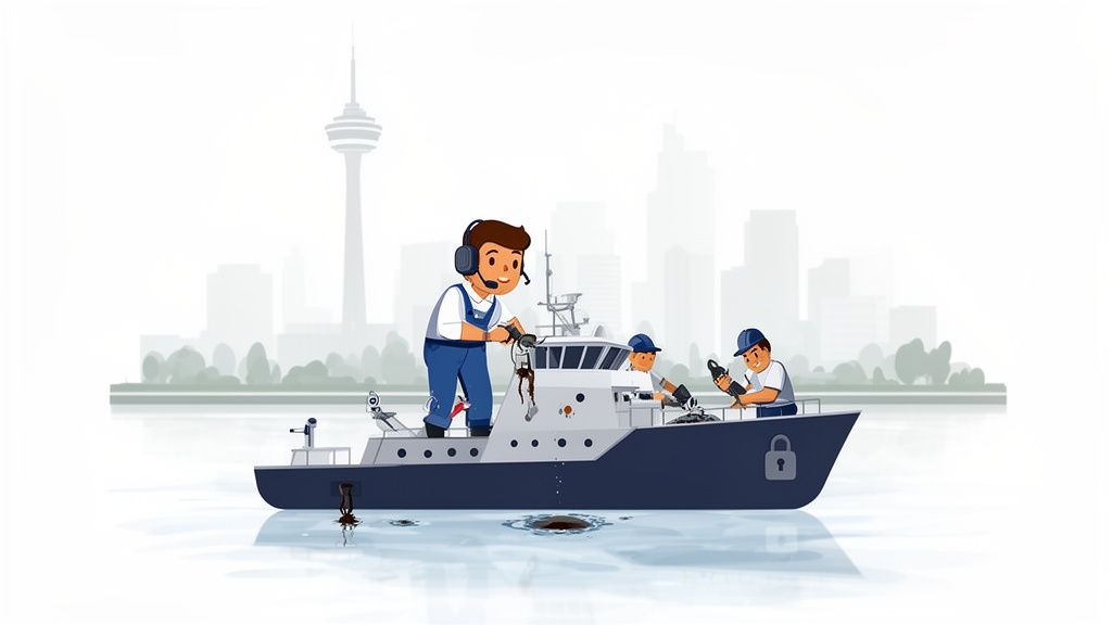 Three cartoon men maintain a boat with a padlock symbol, pulling debris from polluted water near a city skyline.