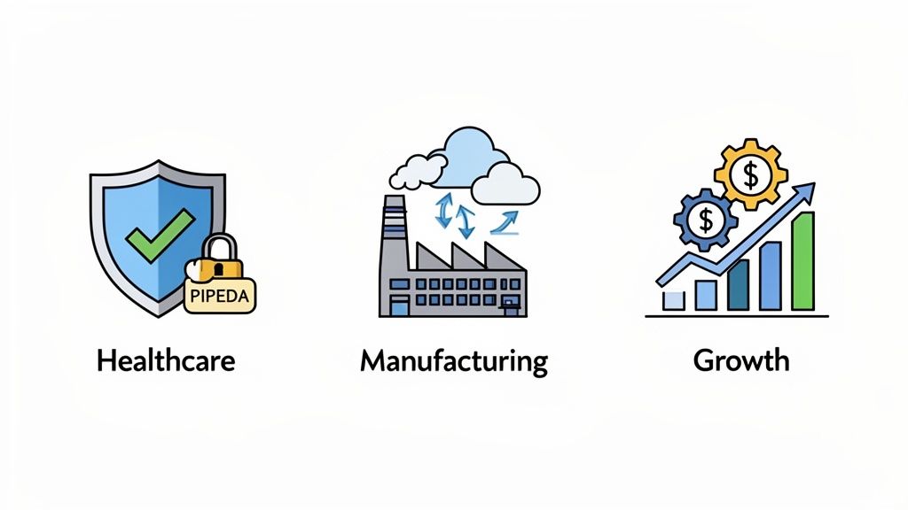 Icons representing healthcare security, manufacturing processes, and business growth.