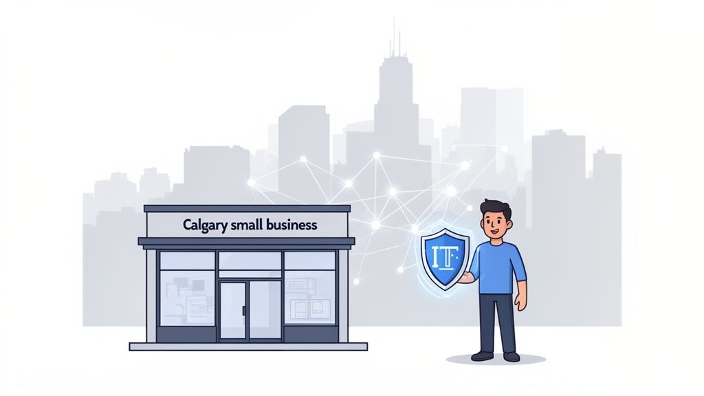 Illustration of a man holding an IT shield protecting a Calgary small business with a cityscape background.