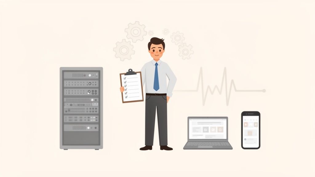 A man holds a checklist, symbolizing IT support and system management for servers, laptops, and phones.