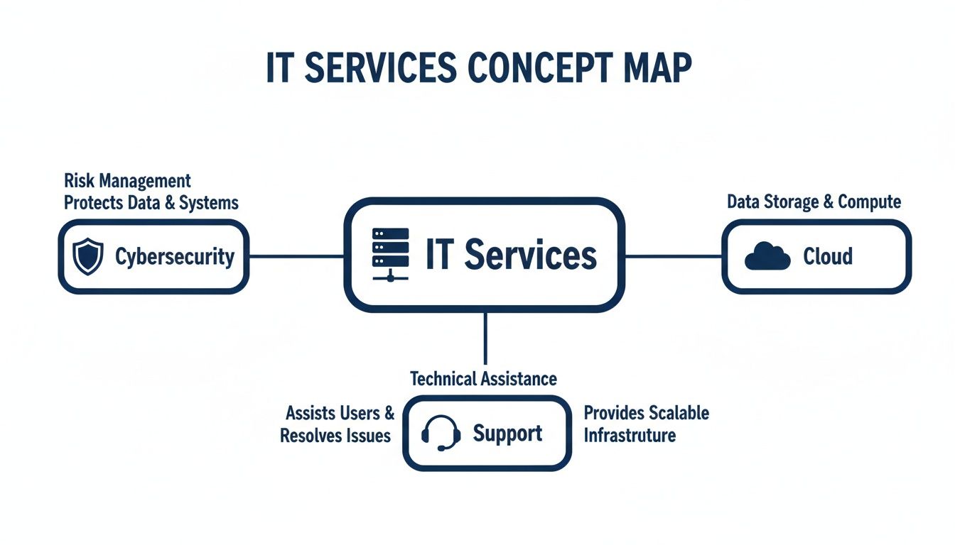 IT Services concept map showing cybersecurity, cloud computing for data, and technical support components.