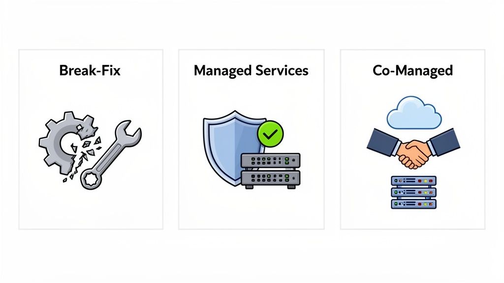 An illustration comparing Break-Fix, Managed Services, and Co-Managed IT service models.