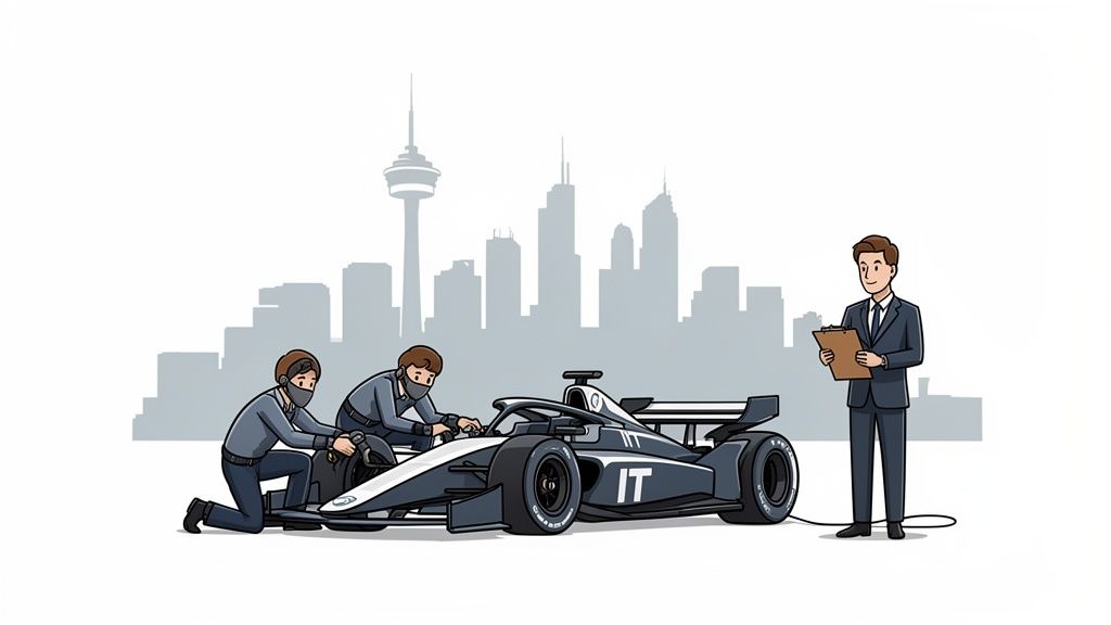 Two technicians work on an 'IT' branded race car, observed by a manager, with a city skyline in the background.