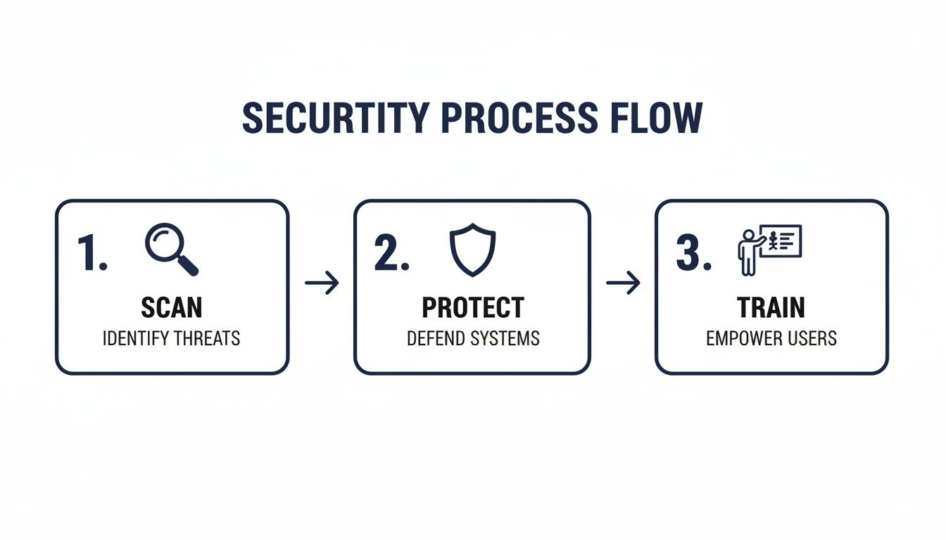 Infographic outlining a security process flow: scan, protect systems, and train users for threat defense.