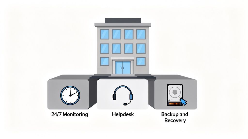 A building representing a business connected to blocks for 24/7 monitoring, helpdesk, and backup services.