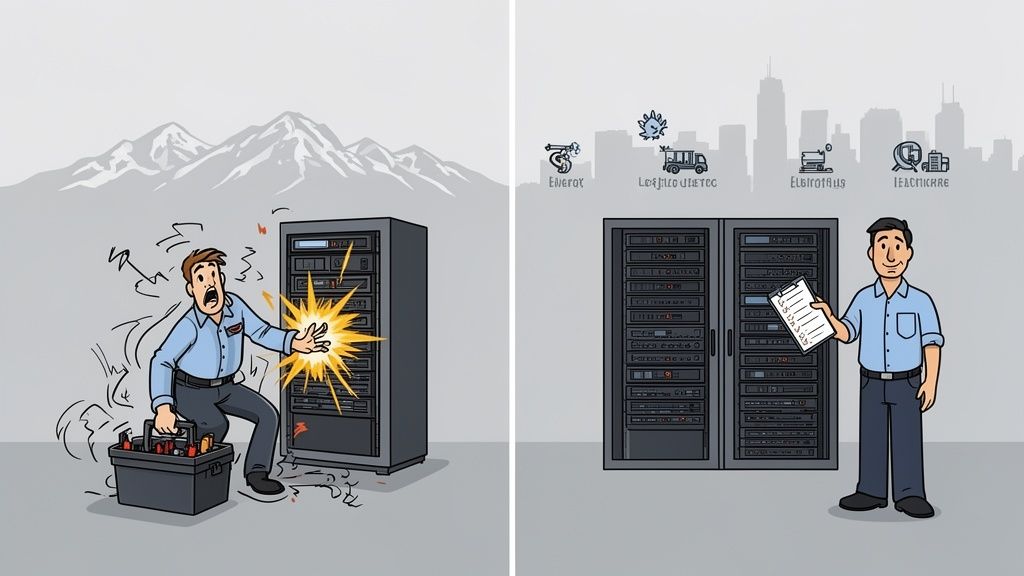Illustration showing the difference between reactive IT support and proactive managed services.