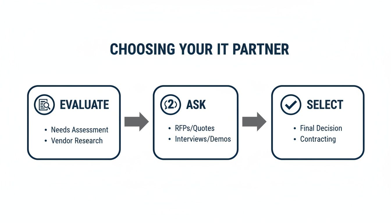 A three-step process for choosing an IT partner, outlining evaluation, asking, and selection stages.