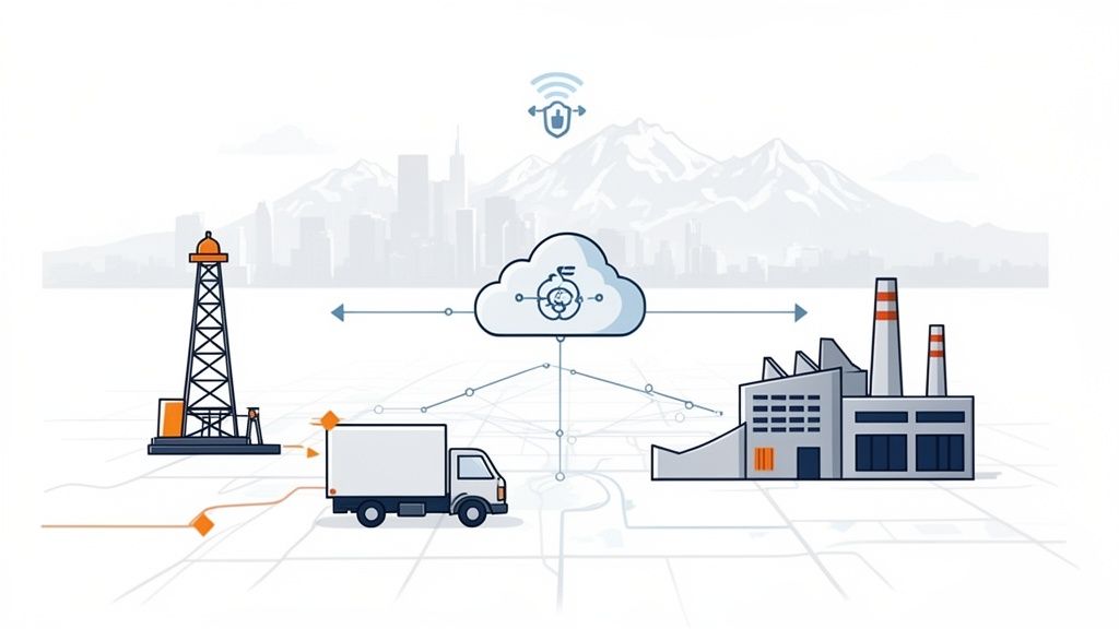 Illustration of a connected industrial network: oil rig, factory, and truck linked to a secure cloud platform.