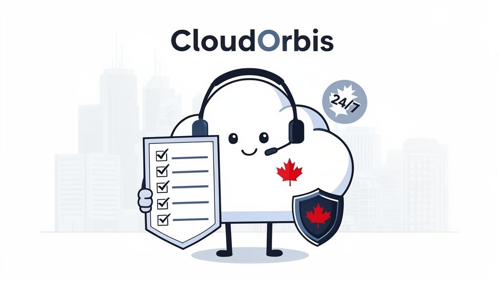 CloudOrbis mascot, a friendly cloud with headset, checklist, Canadian maple leaf shield, and 24/7 support.