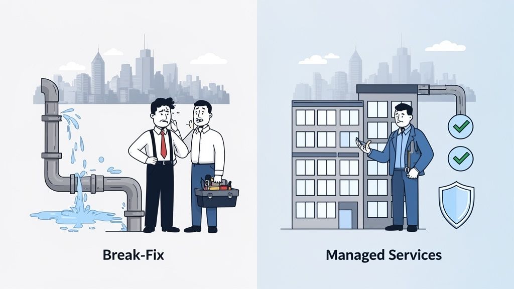 Illustration comparing break-fix IT with a leaking pipe and distressed staff to proactive managed services.