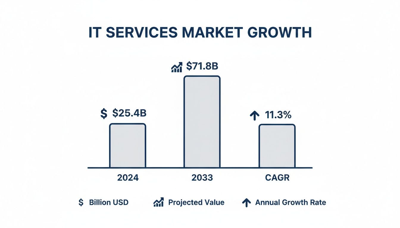Bar chart showing IT services market growth from $25.4B in 2024 to $71.8B in 2033.