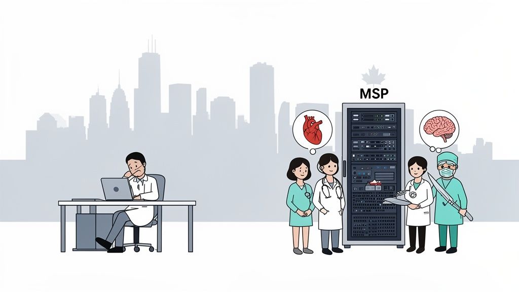 Healthcare professionals leveraging a Canadian MSP server for medical data, with a stressed doctor at a laptop.