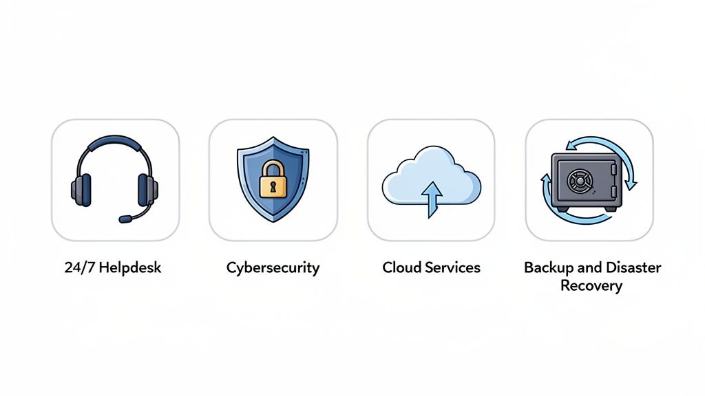 Four icons representing 24/7 helpdesk, cybersecurity, cloud services, and backup and disaster recovery solutions.